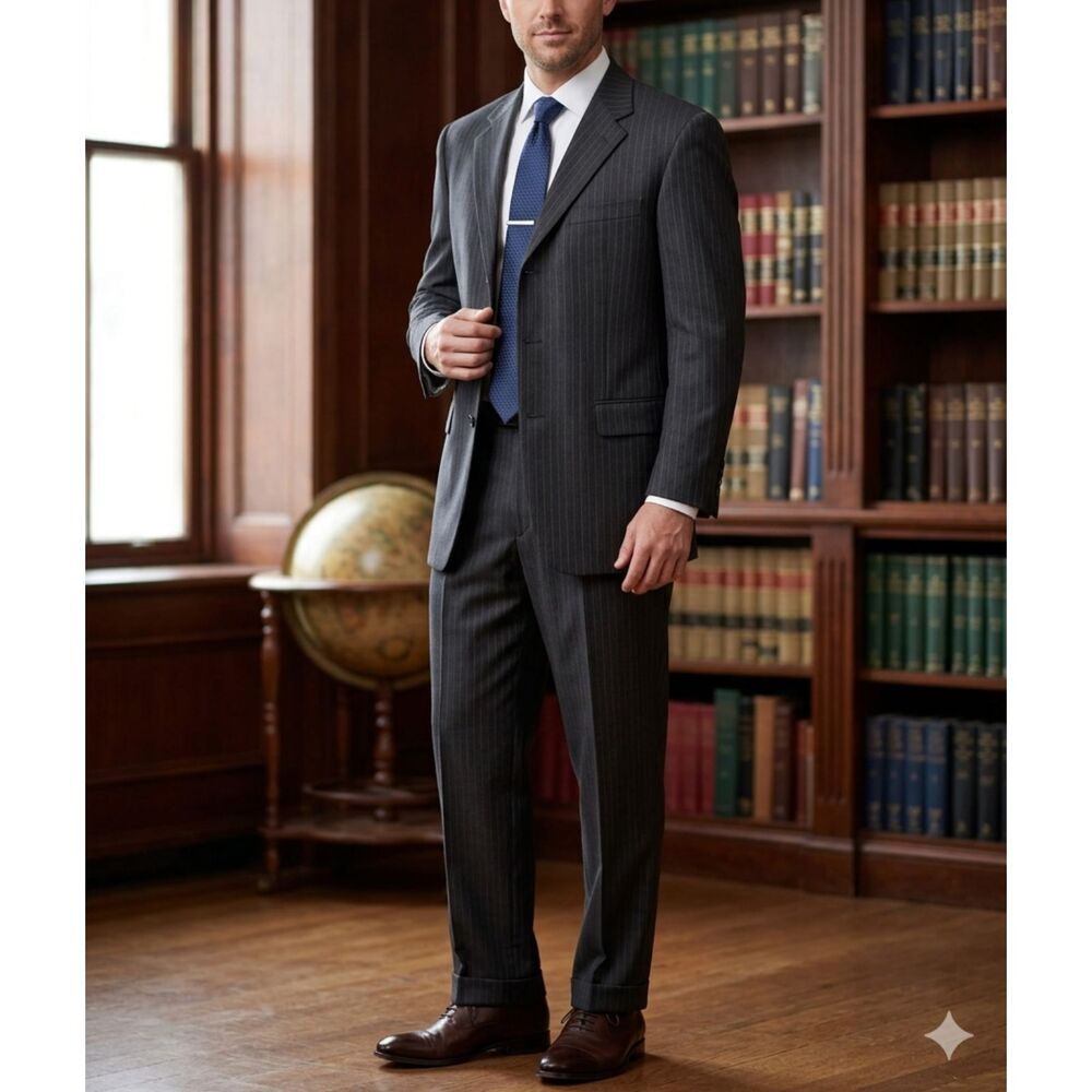 Bert Pulitzer Pinstripe Suit Charcoal Grey Wool Americana Collection Size 46